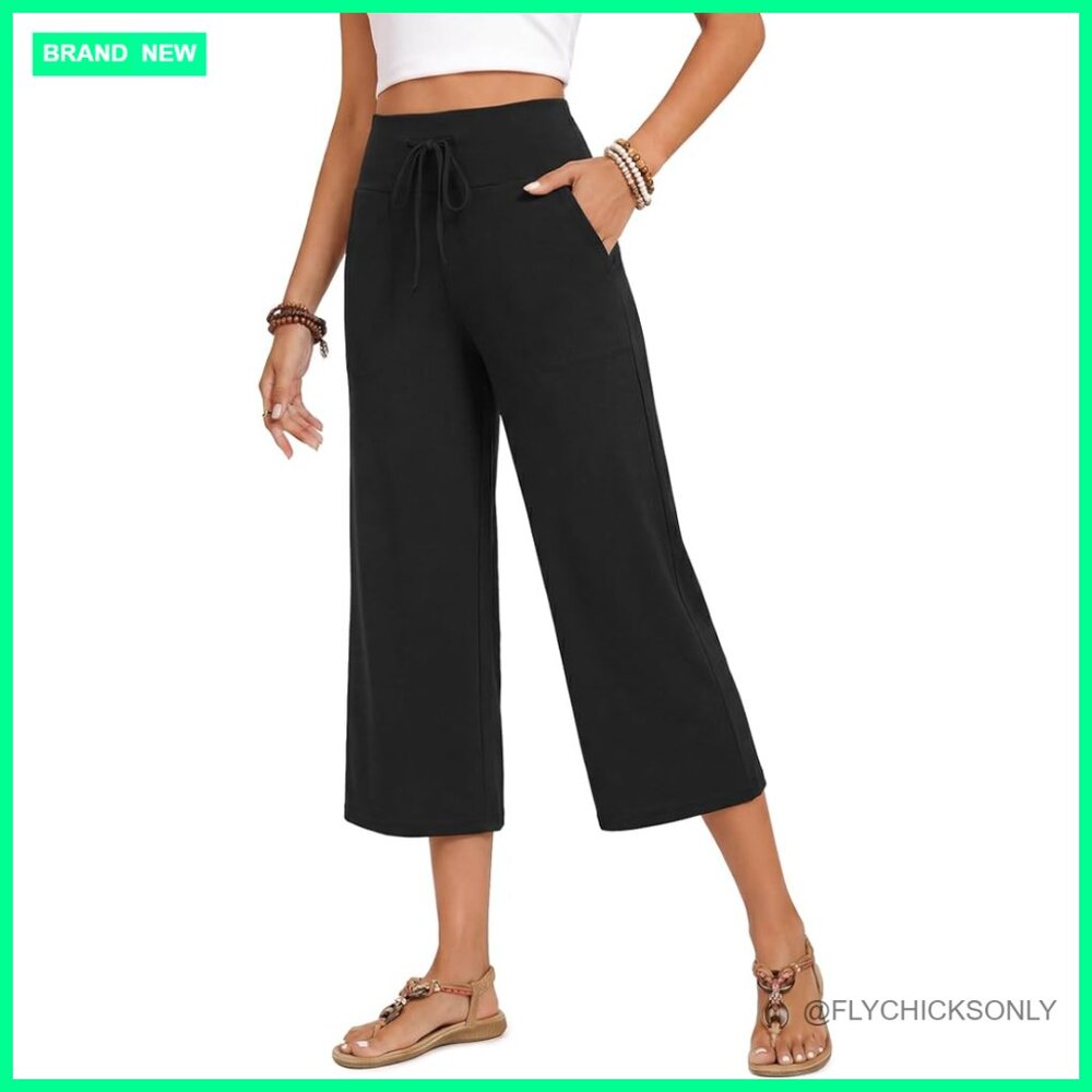 High Waisted Wide Leg Capri Pants With Pockets Soft Breathable Fabric